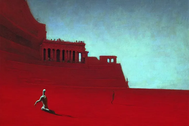 Image similar to only with red, a red melted emperor, taormina amphitheatre, crowd hails him happy, in the style of beksinski, parts by edward hopper, parts by rodcenko, parts by yue minjun, intricate and epic composition, red by caravaggio, insanely quality, highly detailed, masterpiece, red light, artstation, 4 k