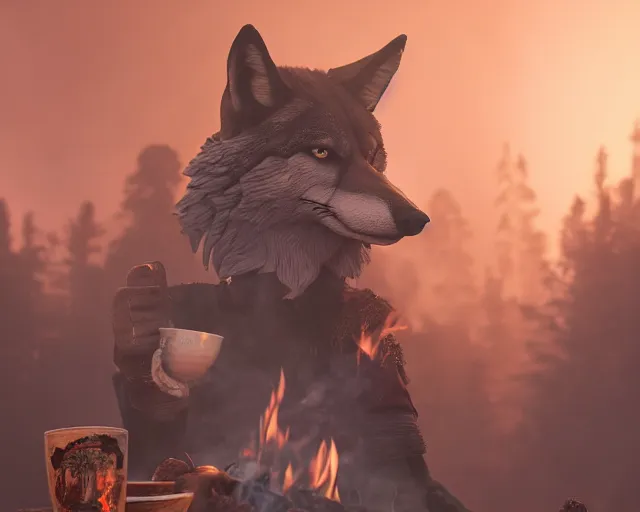 Prompt: spartan wolf drinking tea at campfire with trichocereus background and smoke haze, photo in the style of the celestine prophecy, artstation, deviantart, professional, unreal engine 5, octane render