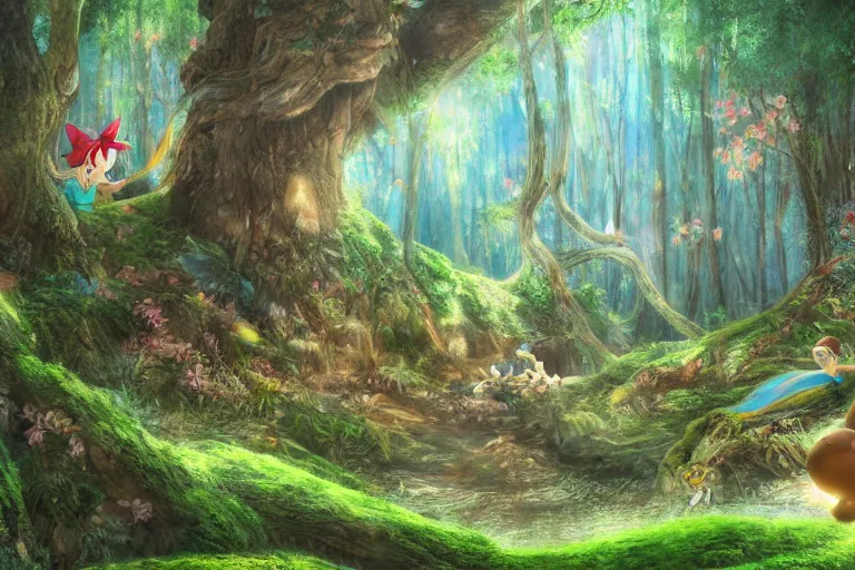 Prompt: fairy kingdom forest, miyazaki, nausicaa, high quality, high resolution, 4 k