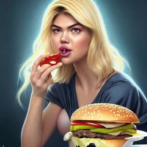 Prompt: portrait of Kate Upton eating big mac hamburgers, extra onions and ketchup, hyperdetails, displacement mapped octane render, luscious patty with sesame seeds, ethereal, handsome, D&D, fantasy, intricate, elegant, highly detailed, digital painting, artstation, concept art, matte, sharp focus, illustration, art by Artgerm and Greg Rutkowski and Alphonse Mucha