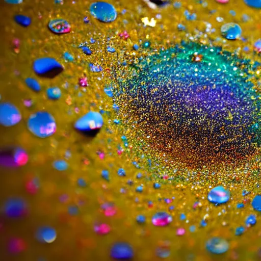 Image similar to a wet swirling mixture of gold paint and very colorful colored pigment particles glitter suspended in a turbulent liquid, captured in slow motion, crystal clear focus, macro photography lens closeup, slow-motion pour, dumpedpaint glittery, shimmering, speculars