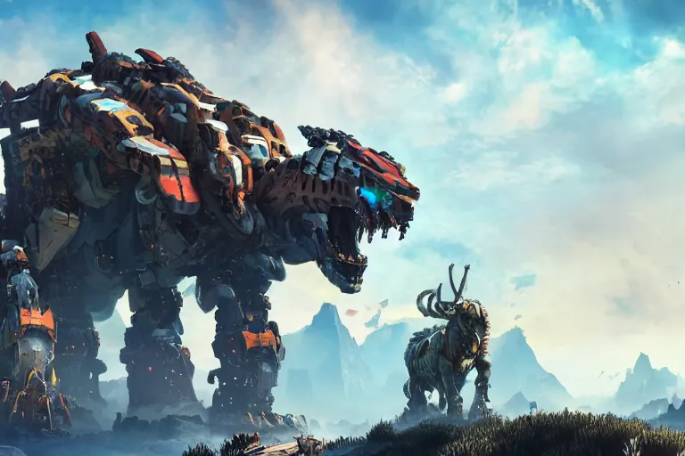 Image similar to tremortusk machine mecha animal beast robot of horizon forbidden west horizon zero dawn bioluminiscence global illumination ray tracing hdr fanart arstation by sung choi and eric pfeiffer and gabriel garza and casper konefal