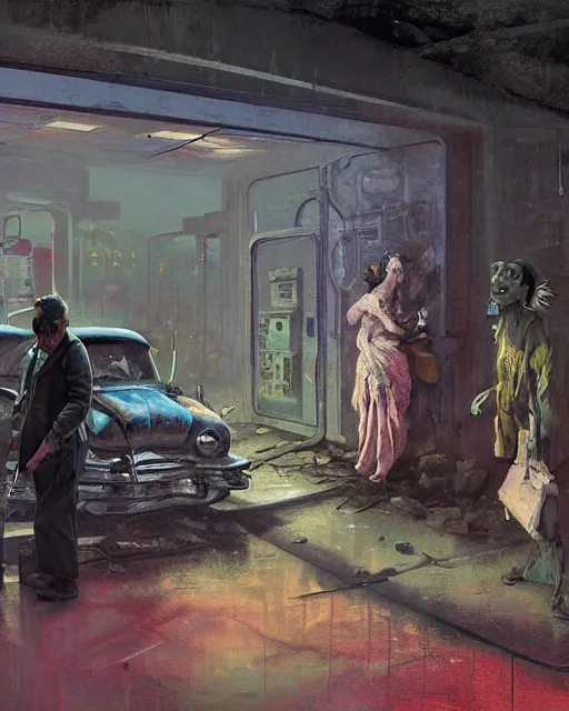 Image similar to a highly detailed epic cinematic concept art CG render digital painting artwork: old dead couple at a decayed gas station surrounded by dark figures. triadic color scheme, By Greg Rutkowski, in the style of Francis Bacon and Syd Mead and Edward Hopper and Norman Rockwell and Beksinski, open ceiling, highly detailed, painted by Francis Bacon, painted by James Gilleard, surrealism, airbrush, Ilya Kuvshinov, WLOP, Stanley Artgerm, very coherent, art by Takato Yamamoto and James Jean