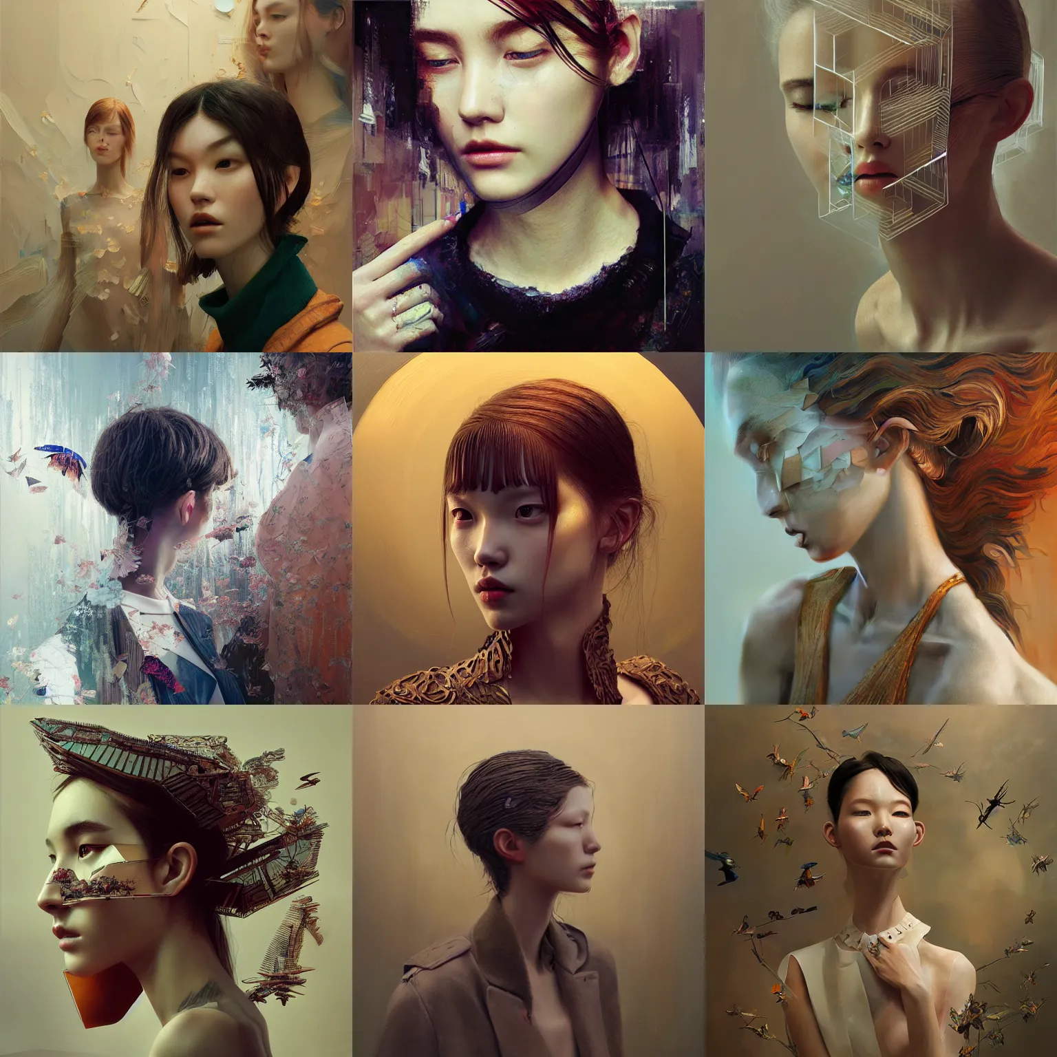 Prompt: 3 d, fashion models look into the frame, intricate oil painting, high detail, figurative art, multiple exposure, poster art, 3 d, by tooth wu and wlop and beeple