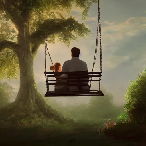 Image similar to a couple sitting on a swing together, blurred backround, back profile, beautiful, digital painting, artstation, concept art, soft light, hdri, smooth, sharp focus, illustration, fantasy, intricate, elegant, highly detailed, D&D, matte painting, in the style of Greg Rutkowski and Alphonse Mucha and artemisia, 8k, highly detailed, jurgens, rutkowski, bouguereau, pastoral, rustic, georgic