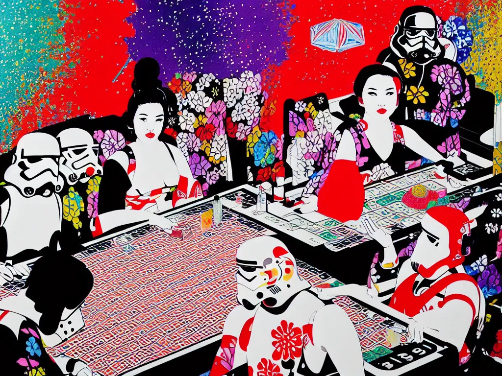 Image similar to hyperrealism composition of the detailed single woman in a japanese kimono sitting at an extremely detailed poker table with stormtrooper, fireworks, river on the background, pop - art style, jacky tsai style, andy warhol style, acrylic on canvas