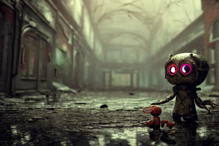 Image similar to Broken ugly toy doll with glowing eyes lying on old courtyard with puddles and an old playground between two soviet five-storey overgrown with ivy panel houses, high details, cinematic, Silent Hill, 8k resolution, beautiful detailed, insanely intricate details, artstation trending, rule of third, octane render, unreal engine
