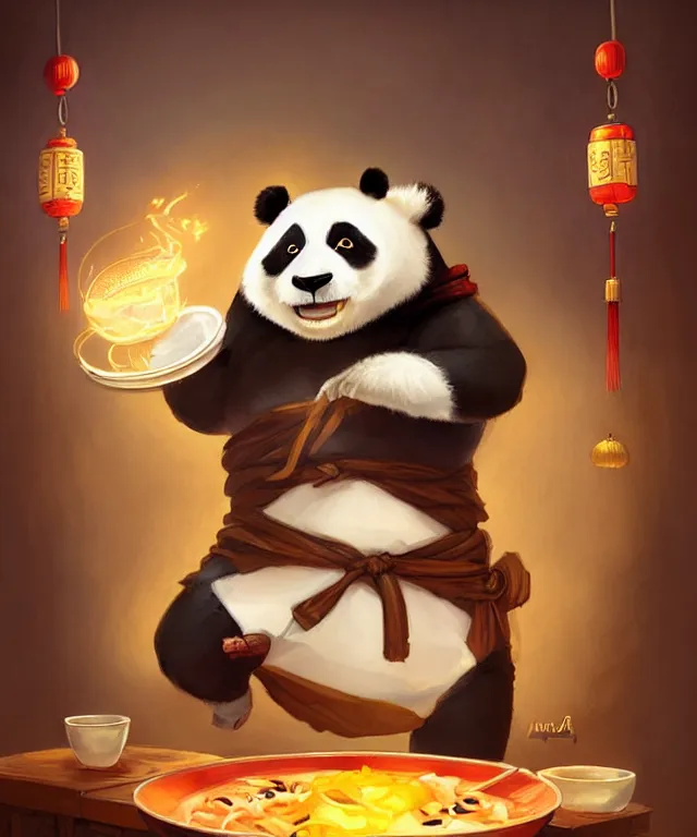 Image similar to a portrait an anthropomorphic panda mage eating chinese food, wearing mage robes, restaurant in background, cute and adorable, dnd character art portrait, well rendered matte fantasy painting, pixar style, by jason felix by steve argyle by tyler jacobson by peter mohrbacher, cinematic lighting