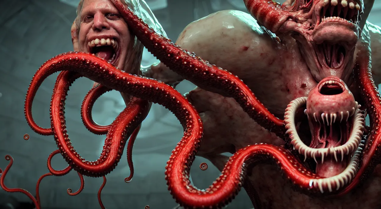 Prompt: gary busey as a monster with tentacles, horror video game, sci fi horror, alien ( 1 9 7 9 ), body horror, unreal engine, octane render, depth of field, cycles render, hd