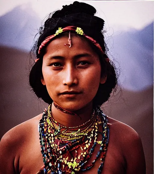 Image similar to vintage_portrait_photo_of_a_stunningly beautiful_nepalese_maiden in the himalayan mountains by Annie Leibovitz