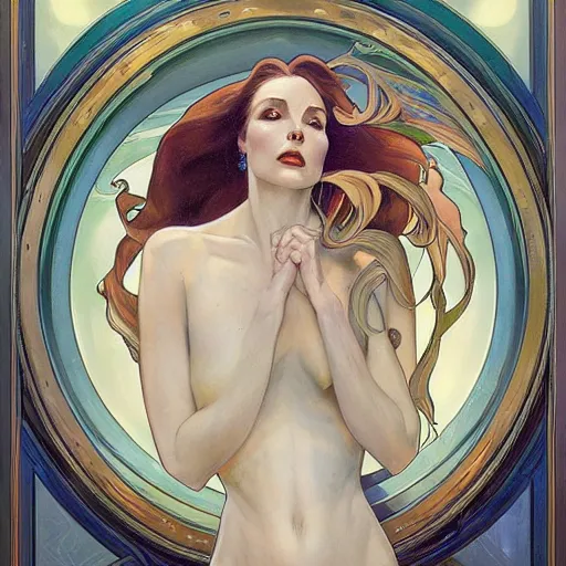 Image similar to a streamline moderne painting in the style of donato giancola, and in the style of charlie bowater, and in the style of alphonse mucha. symmetry, smooth, sharp focus, semi - realism, intricate detail.