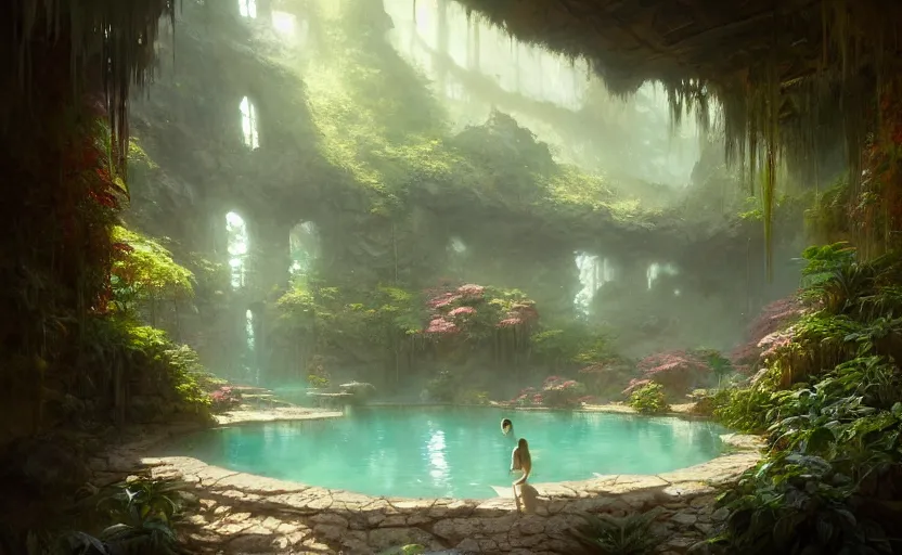Image similar to painting of an interior of a hot spring in the mountains, fantasy, lush plants and flowers, natural light, concept art, by greg rutkowski and craig mullins, cozy atmospheric and cinematic lighting, trending on artstation