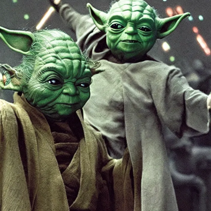 Image similar to a hyperdetailed studio photo of master yoda dancing with luke skywalker