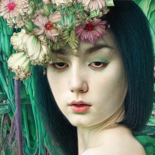 Image similar to white girl, botanical, portrait face, colorful, frantisek kupka, intricate, miles johnston, kuroda seiki, cynical realism, ozabu, john william godward, painterly, yoshitaka amano, moebius, miles johnston, louise zhang, james jean, mark ryden lowbrow pop surrealism art style