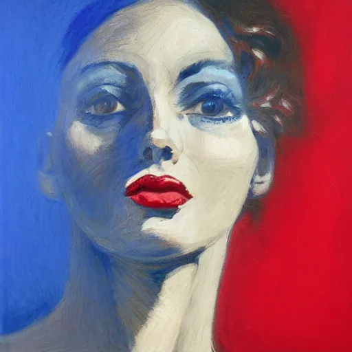 Prompt: profile portrait in peruvian realist style ( 1 9 5 4 ), ultramarine blue, venetian red, titanium white, lit from below, detailed, expressive, shadows