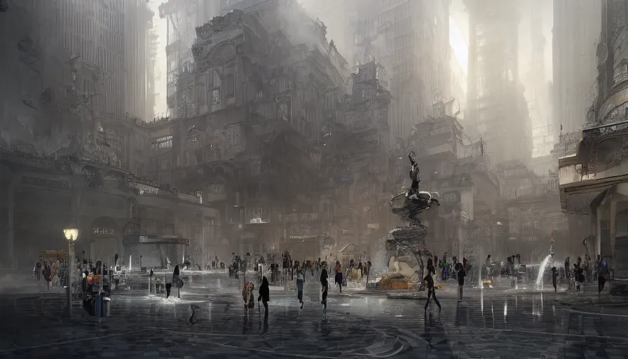 Prompt: City square in a Dieselpunk city, fontains with sculptures of people mixed with angines made from marble and petrol flowing instead of water, steam, epic composition, intricate, elegant, volumetric lighting, digital painting, highly detailed, artstation, sharp focus, illustration, concept art, ruan jia, steve mccurry