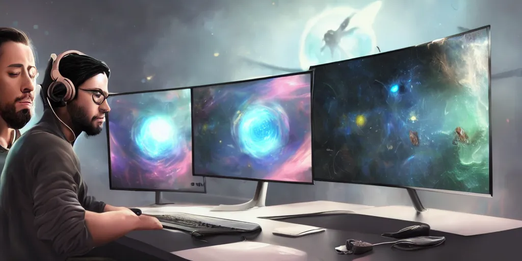 Prompt: a young mage creating a universe in his PC, a male mage in his 20s with black hair wearing headphones sitting in front of wide monitor, hands on a keyboard. hyperrealistic, extremely detailed, award-winning art, trending on Artstation