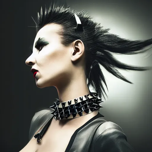 Image similar to a digital artwork of futuristic woman wearing technological large steel spiked collar, steel choker on neck, cyberpunk ,4K, portrait, punk hairstyle,