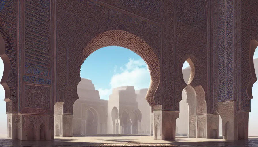 Image similar to the inside of a monument with moroccan motifs, by tim blandin and arthur haas and bruce pennington and john schoenherr, big windows architecture by zaha hadid, octane render, cinematic, scenery, cgsociety, modernism, futuristic, trending on artstation, sci - fi, high detail, high quality, close up angle, people walking