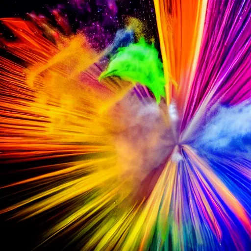 Image similar to credit cards fly through the air at a centered explosion of colorful powder on background by maxvanzwerg