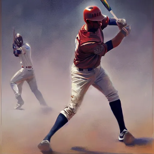 Image similar to baseball player hitting the ball with the baseball bat in the middle of the game and in front of everyone in the stadium, james gurney painting style, greg rutkowski, artstation