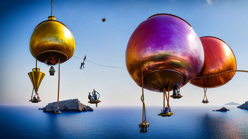 Image similar to large colorful futuristic space age metallic steampunk steam - powered balloons with pipework and electrical wiring around the outside, and people on rope swings underneath, flying high over the beautiful greek islands landscape, professional photography, 8 0 mm telephoto lens, realistic, detailed, photorealistic, photojournalism