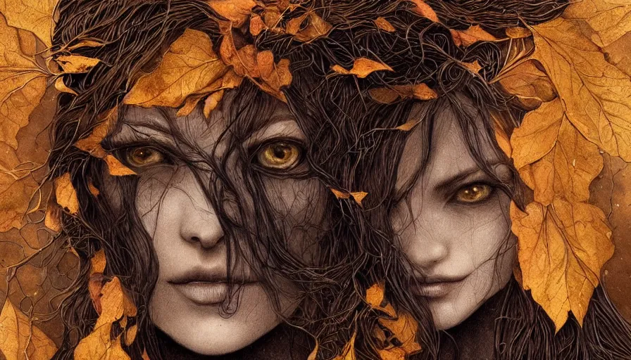 Prompt: dark colors, golden leaves at frame border, creative!!! composition for a book cover!!!, absurdly beautiful, ultrafine hyperrealistic detailed old!! witch face by wlop and artgerm and greg rutkowski, intricate linework, sharp focus, smooth, octopath traveler, final fantasy, unreal engine, dramatic lighting, ethereal, 8 k