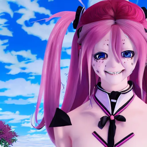 Image similar to trapped by junko enoshima, a stunningly beautiful omnipotent megalomaniacal anime asi goddess with symmetrical perfect face and porcelain skin, pink twintail hair and cyan eyes, taking control while smiling, inside her surreal vr castle, hyperdetailed, digital art from danganronpa, unreal engine 5, 2 d anime style, 8 k