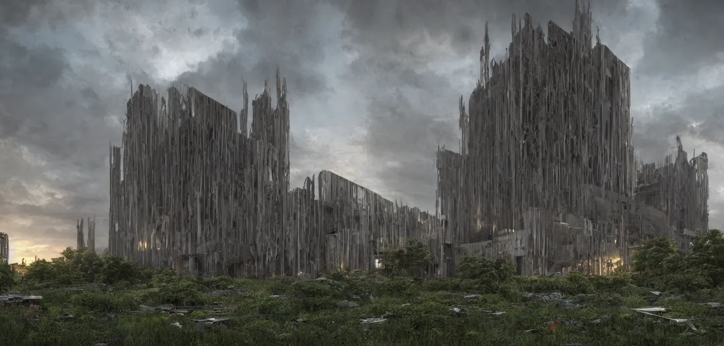 Image similar to an extremely detailed cathedral of brutalist architecture, surrounded by lush green vegetation, stunning volumetric lighting, sunset, rusted metal, concrete, translucent material, stunning skies, scattered rubbish and debris, 8k, photorealistic, hyper detailed, unreal engine 5, IMAX quality, cinematic, epic lighting, digital painting in the style of DOOM and Quake, by Greg Rutkowski, trending on Artstation
