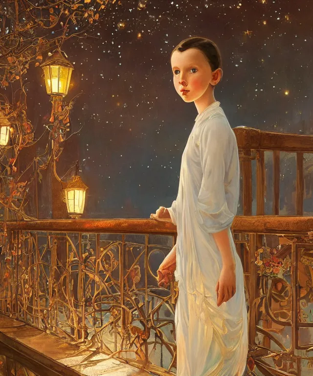 Image similar to a beautiful painting of a girl resembling millie bobby brown standing on a bridge, watching the view from the river of the lantern festival in a an ancient italian town, at night with a sky full of stars, intricate, elegant, highly detailed, digital painting, artstation, concept art, by krenz cushart and artem demura and alphonse mucha