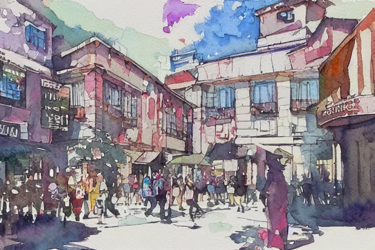 Image similar to !! watercolor!! townsquare in a sunny day, artwork by tooth wu, colorful high contrast,!! very coherent!!, dark shadow, thick lineart