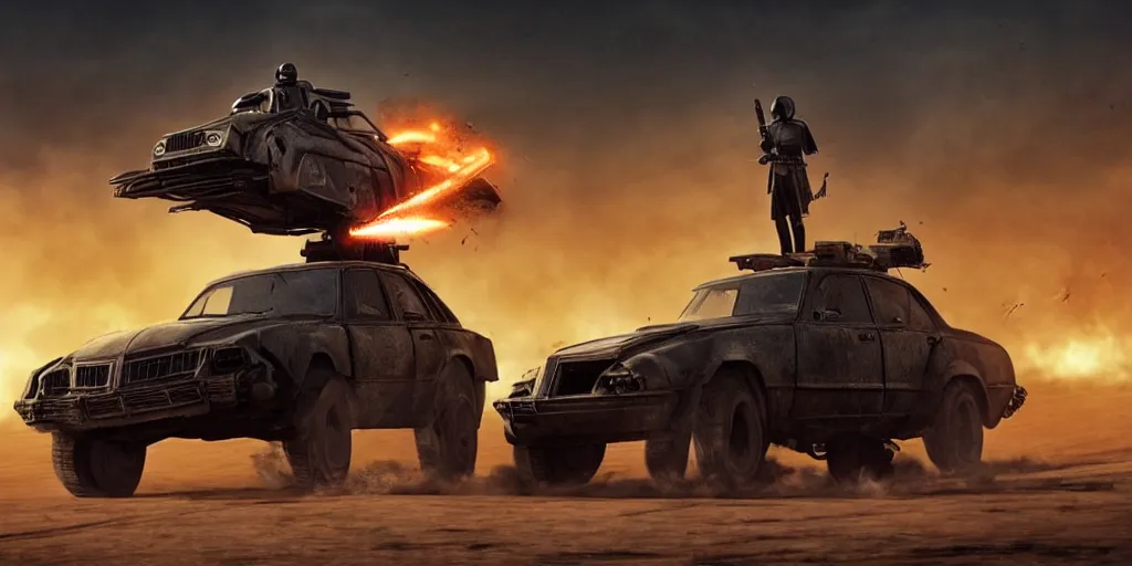 Image similar to Darth Vader standing on the hood of a driving post apocalyptic battle car in the desert and weilding a flamethrower, Mad Max Fury Road style, sandstorm