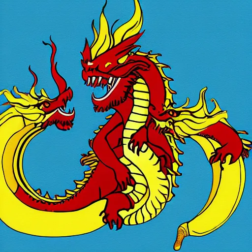 Image similar to Chinese president, bananas, dragon, fight, flaming mountain, fighting stance, painting