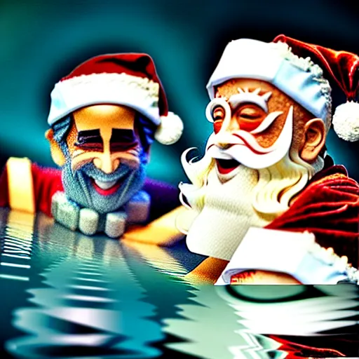 Image similar to uhd candid photo of santa claus and bin laden in a hot tub. correct faces, intricate details, hyperdetailed, accurate faces. photo by annie leibowitz
