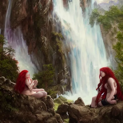 Image similar to an extremely detailed portrait of polyamorous red haired vampire queens kissing while hiding from a thunderstorm in a cave behind a waterfall, epic fantasy, viewed in profile from far away, sharp focus, detailed face, art by greg rutkowski and alphonse mucha, volumetric lighting, 4 k resolution, trending on artstation, masterpiece