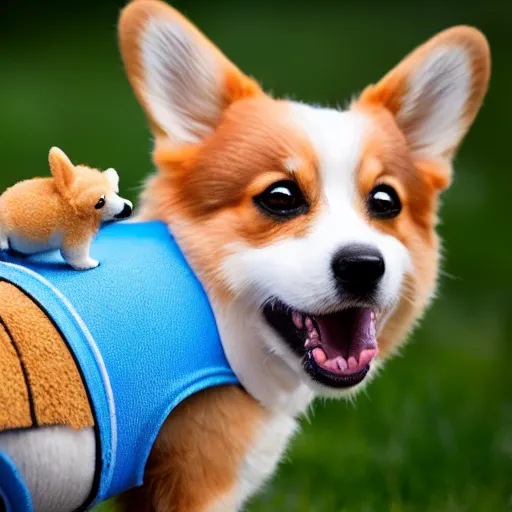 Image similar to 8k highly detailed photograph of a tiny person riding on the back of an adorable corgi, like a horse. blue saddle