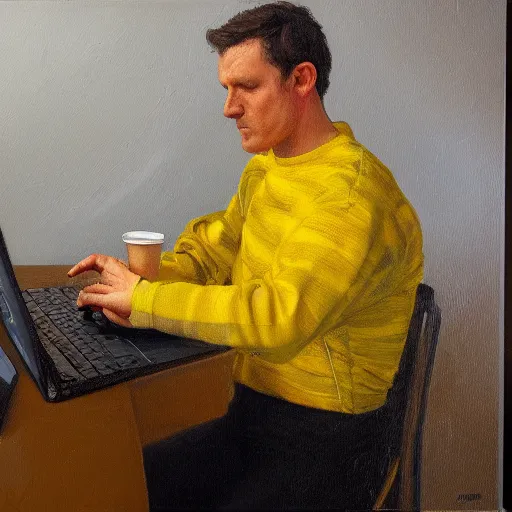 Prompt: tired man in a bumblebee costume drinks coffee in front of a laptop, highly detailed, masterpiece, alla prima, oil on canvas