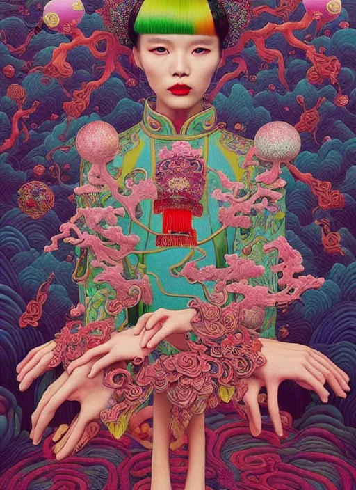 Image similar to pretty chinese model with hallucination mushroom : : by martine johanna and simon stalenhag and chie yoshii and casey weldon and wlop : : ornate, dynamic, particulate, rich colors, intricate, elegant, highly detailed, vogue, harper's bazaar art, fashion magazine, smooth, sharp focus,