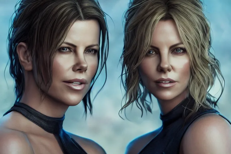 Prompt: a very beautiful hyper - realistic portrait of kate beckinsale and charlize theron looking at each other, rendered by beeple, by makoto shinkai, syd meade, starwars, digital art, unreal engine, wlop, trending on artstation, 4 k uhd image, octane render