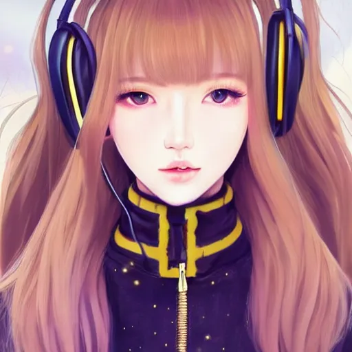 Prompt: realistic beautiful gorgeous natural cute Blackpink Lalisa Manoban blonde hair cute fur blonde cat ears wearing headphones wearing black leather choker in sweaters outfit golden eyes artwork drawn full HD 4K highest quality in artstyle by professional artists WLOP, Taejune Kim, Guweiz, ArtGerm on Artstation Pixiv