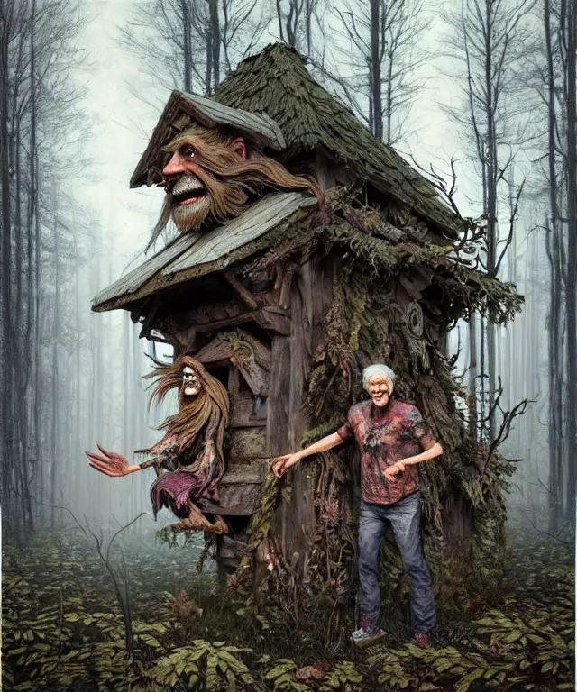 Image similar to hyperrealistic mixed media painting of a Male Baba Yaga in the woods staring at you creepily and smiling, stunning 3d render inspired art by P. Craig Russell and Barry Windsor-Smith + perfect facial symmetry + dim volumetric lighting, ornate gothic silver platemail, dizzy, full body, 8k octane beautifully detailed render, post-processing, extremely hyperdetailed, intricate, epic composition, grim yet sparkling atmosphere, cinematic lighting + masterpiece, trending on artstation, very very detailed, masterpiece, stunning