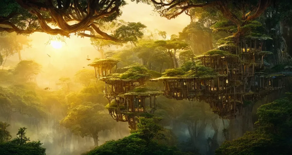 Prompt: An incredibly beautiful shot from a 2022 fantasy film featuring a fantasy treehouse city in an ancient forest. Suspended walkways. Ancient books. Golden Hour. 8K UHD.