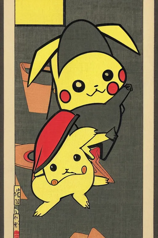 Image similar to Pikachu Pokemon, Japanese ukiyo-e ukiyo-ye woodblock print, by Moronobu