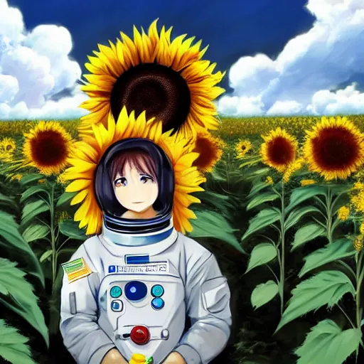 Image similar to a portrait of a sad astronaut in a field of sunflowers, the sky is blue with anime style clouds, painting, 4k,