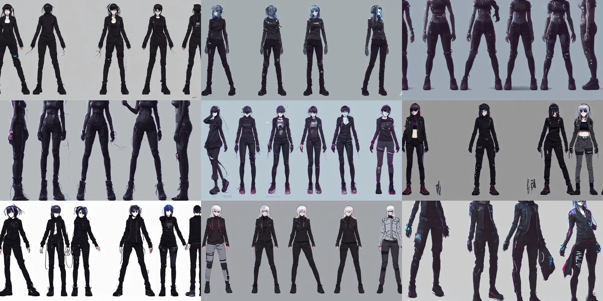 Prompt: full body casual cyberpunk female character clean concepts by senior concept artist in the anime film, tech wear, streetwear, featured on artstation