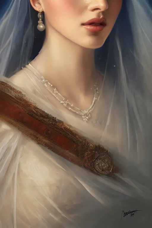 Image similar to ameera al taweel woman , bright blue eyes, wavy black hair, white veil, closeup, cinnamon skin color, elegant, highly detailed, centered, oil painting, artstation, concept art by tom bagshaw