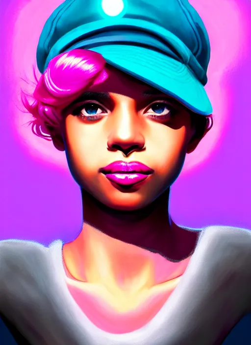 Image similar to portrait of teenage vanessa morgan with bright pink hair, black girl, curly pixie cut hair, wearing newsboy cap, pink short haircut, newsboy cap, hoop earrings, blue eyes, intricate, elegant, glowing lights, highly detailed, digital painting, artstation, concept art, smooth, sharp focus, illustration, art by wlop, mars ravelo and greg rutkowski