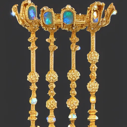 Prompt: Multi Faceted Jewel on the top of a golden ornate staff embellished with Diamonds and Opals HDR