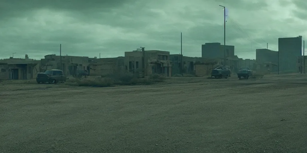 Image similar to a film still landscape by roger deakins - an abandoned city, 3 5 mm lens, early morning, dramatic lighting, cinematography, cinematic, global illumination, highly detailed, photorealistic