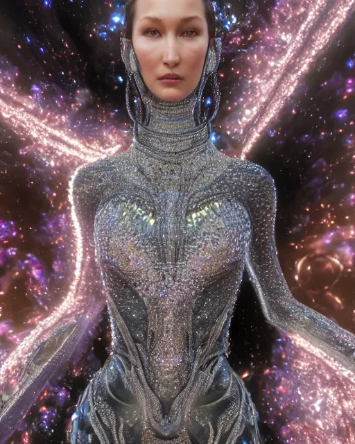 Image similar to a highly detailed metahuman 4 k close up render of a bella hadid as milky way monument renaissance in iris van herpen dress schiaparelli in diamonds crystals swarovski and jewelry iridescent in style of alphonse mucha gustav klimt trending on artstation made in unreal engine 4